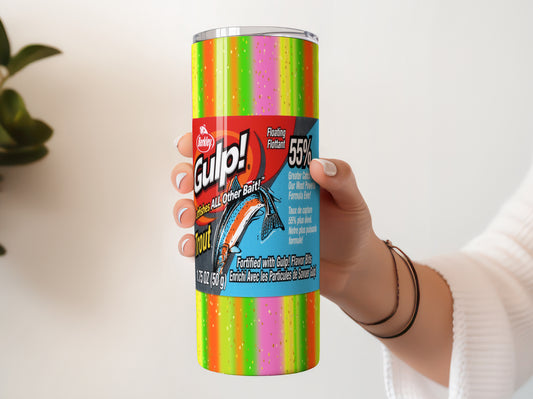 Berkley Gulp Trout Rainbow Candy Fishing Bait 20 oz Tumbler, Funny Fishing Gift, Novelty Skinny Cup for Fishermen