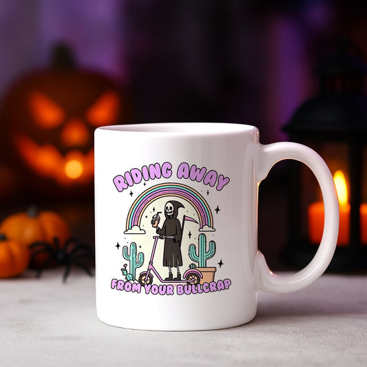 Riding Away From Your Bullcrap 11 oz Coffee Mug, Funny Grim Reaper Scooter Cactus Rainbow Gift, Sassy Quote Cup