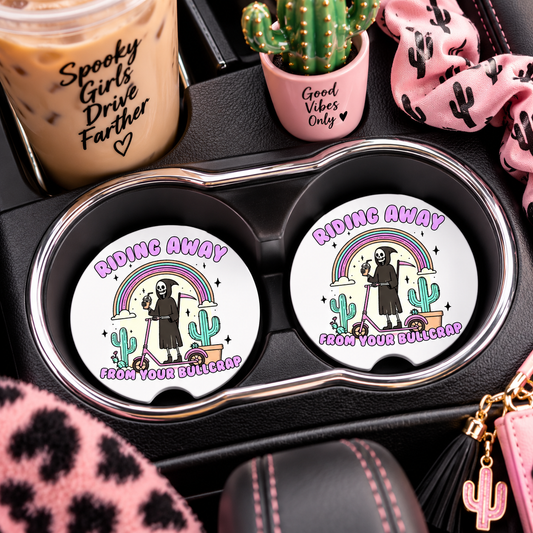 Riding Away From Your Bullcrap Car Coasters Set of 2, Neoprene Cup Holder Inserts, Funny Grim Reaper Scooter Rainbow Auto Accessory Gift