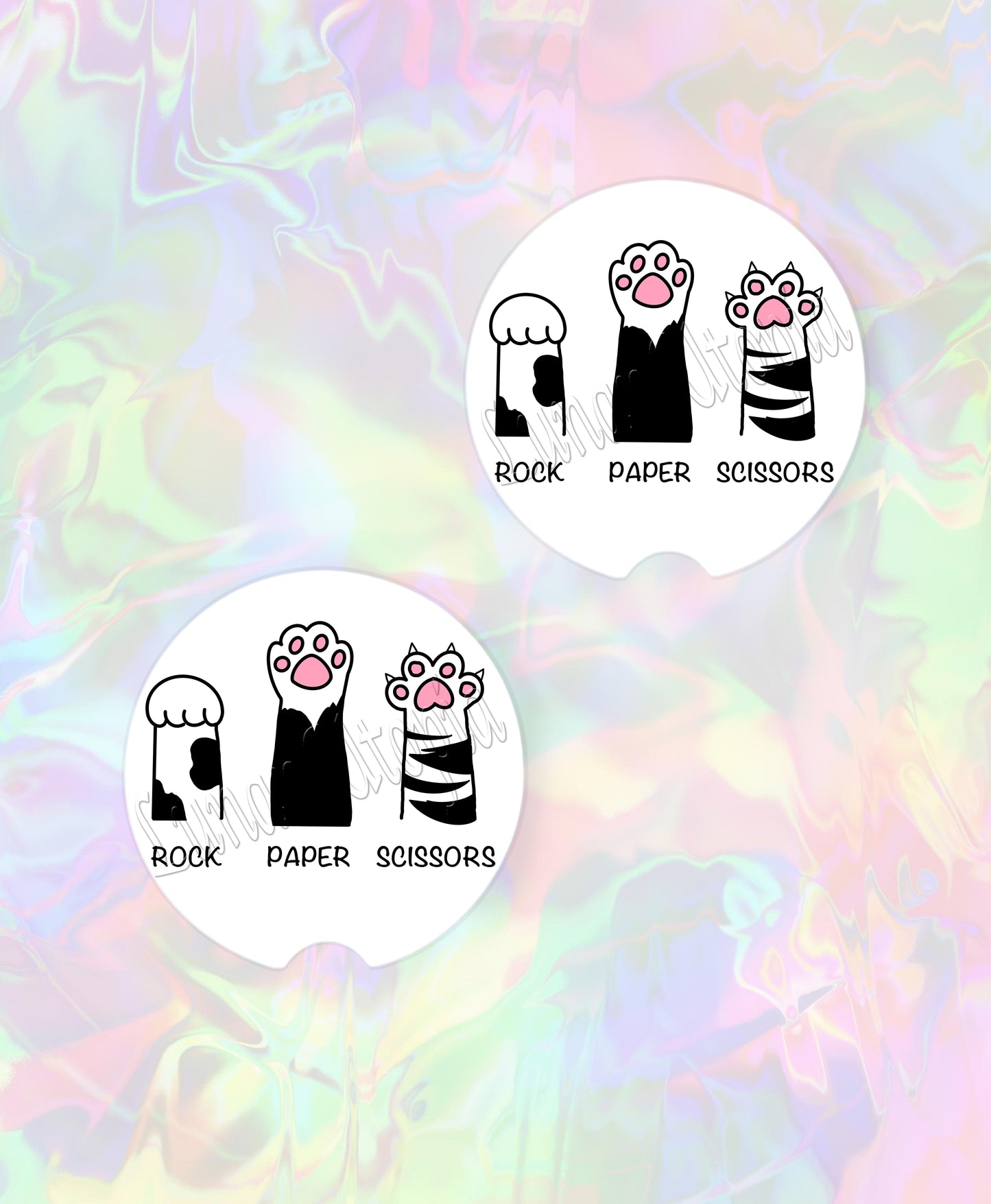 Cute Neoprene Car Coasters, Absorbent Cup Holder Inserts, Fun Auto Accessories (Set of 2) Rock Paper Scissors Cat Paw