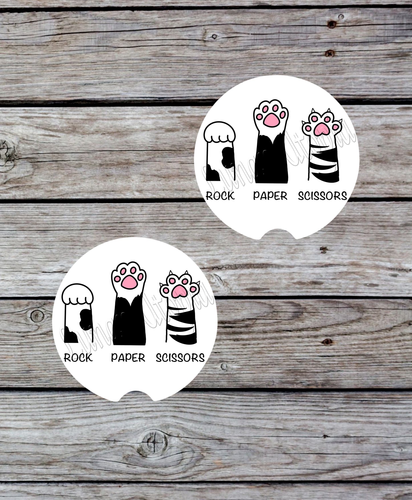 Cute Neoprene Car Coasters, Absorbent Cup Holder Inserts, Fun Auto Accessories (Set of 2) Rock Paper Scissors Cat Paw