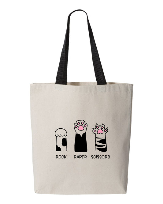 Rock Paper Scissors Cat Paw Claw Kitty Cat Scratch Tote Bag, Canvas Bag, Reusable Grocery Bag