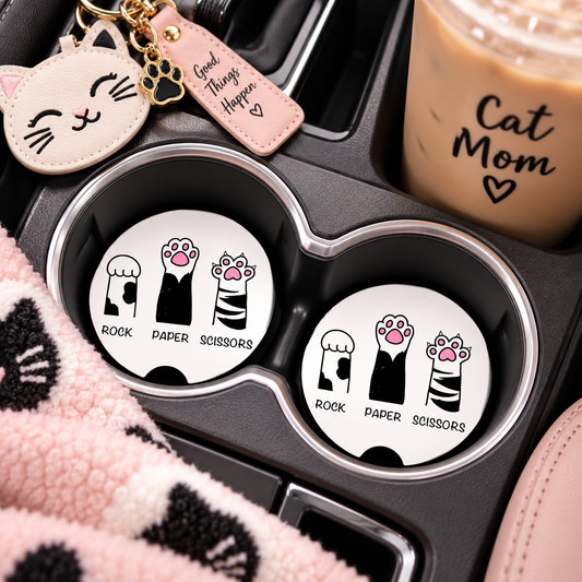 Rock Paper Scissors Cat Paw Car Coasters Set of 2, Neoprene Cup Holder Inserts, Funny Kitty Scratch Auto Accessory Gift