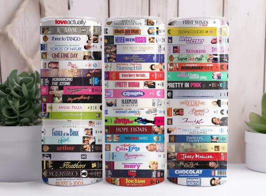 RomCom Romantic Comedy Movies Horizontal VHS Video Tapes 20 oz Skinny SS Tumbler