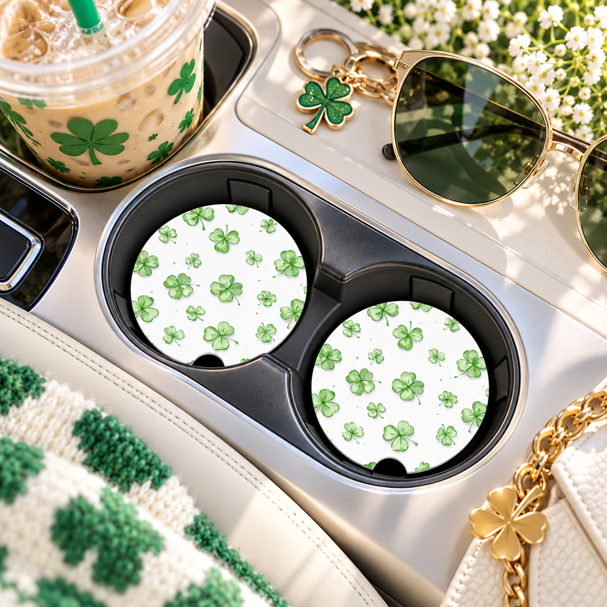 Lucky Shamrock Car Coasters Set of 2, Neoprene Cup Holder Inserts, St. Patrick's Day Watercolor Clover Auto Accessory Gift