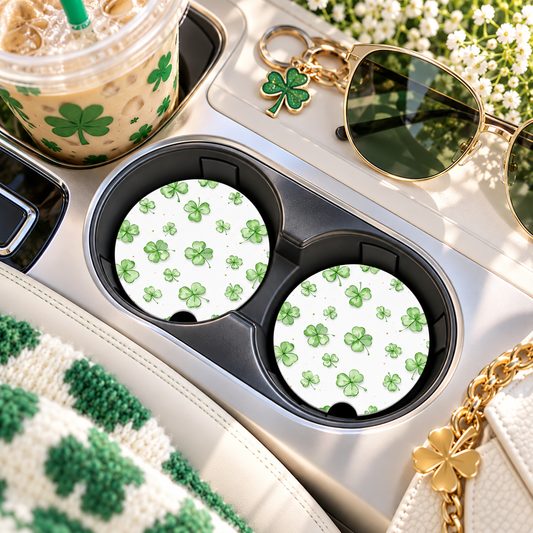 Lucky Shamrock Car Coasters Set of 2, Neoprene Cup Holder Inserts, St. Patrick's Day Watercolor Clover Auto Accessory Gift