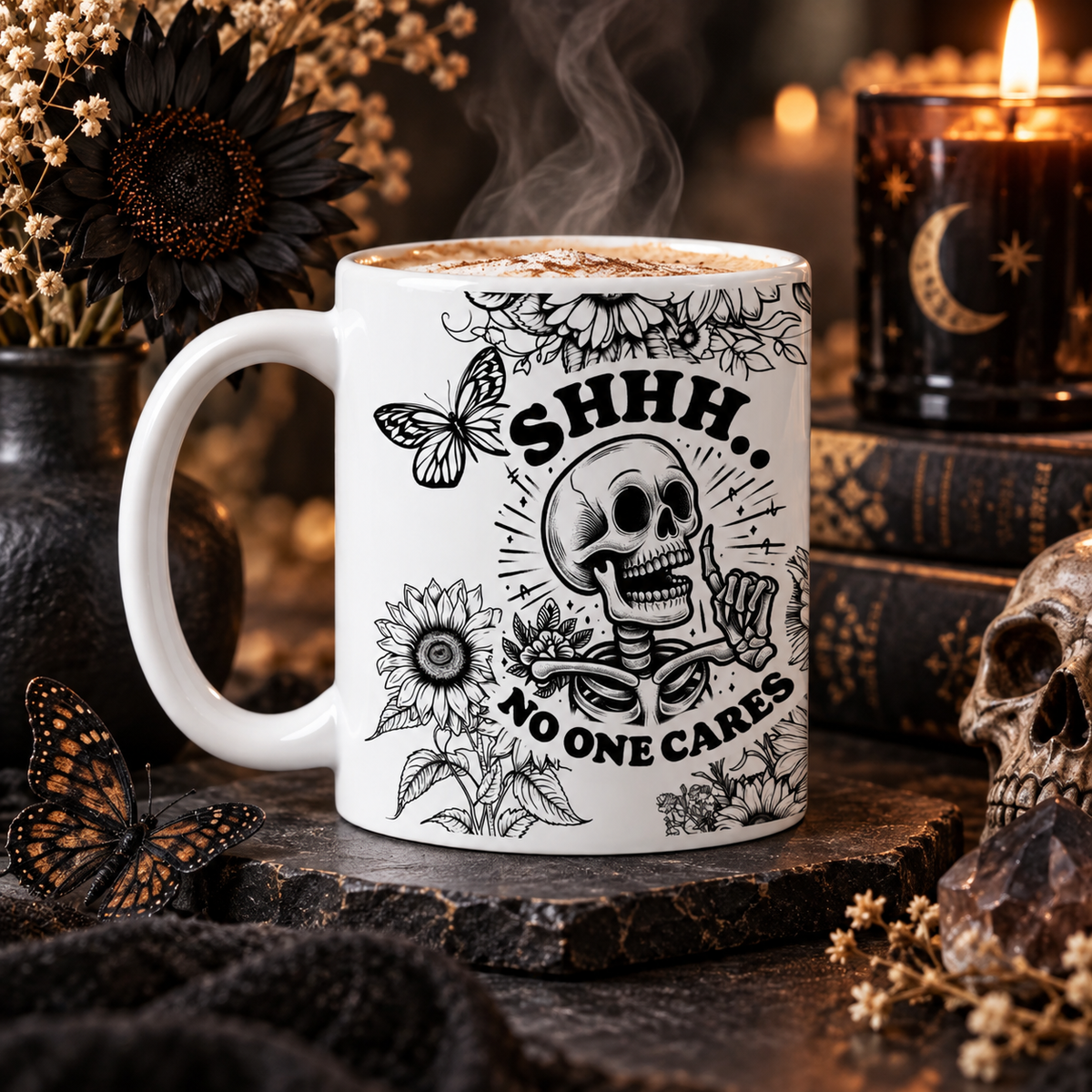 SHHH No One Cares 11 oz Coffee Mug, Funny Sarcastic Skeleton Floral Gift, Bold Gothic Tea Cup