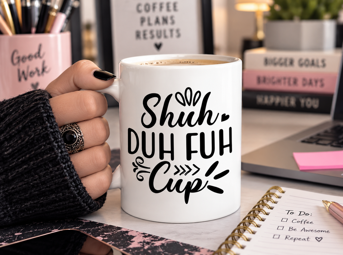 Shuh Duh Fuh Cup 11 oz Coffee Mug, Funny Sassy Quote Gift, Bold Script Humor Cup for Her
