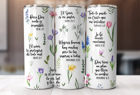 Spanish Daily Bible Affirmations with Flowers, Christian Affirmations Tumbler, Affirmation Gift, Bible Study 20 oz Tumbler