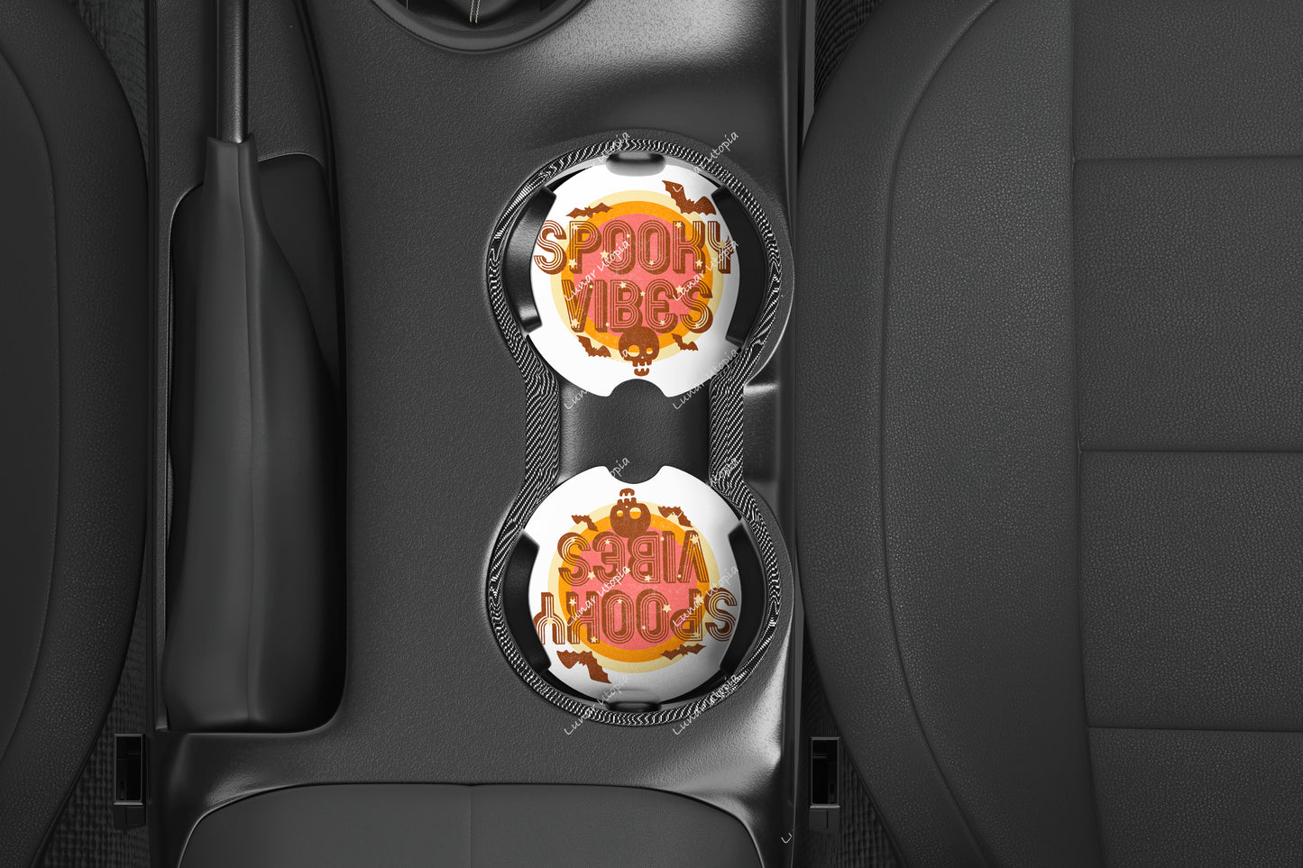 Spooky Vibes Car Coasters Set of 2, Neoprene Cup Holder Inserts, Retro Halloween Bats Skull Full Moon Auto Accessory Gift
