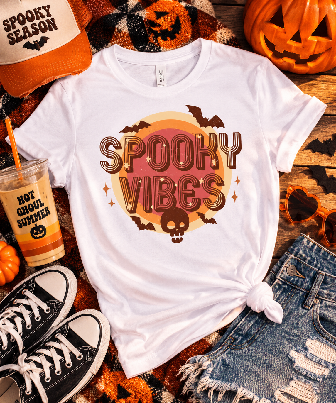 Spooky Vibes Women's T-Shirt, Bats Skull & Full Moon Halloween Tee