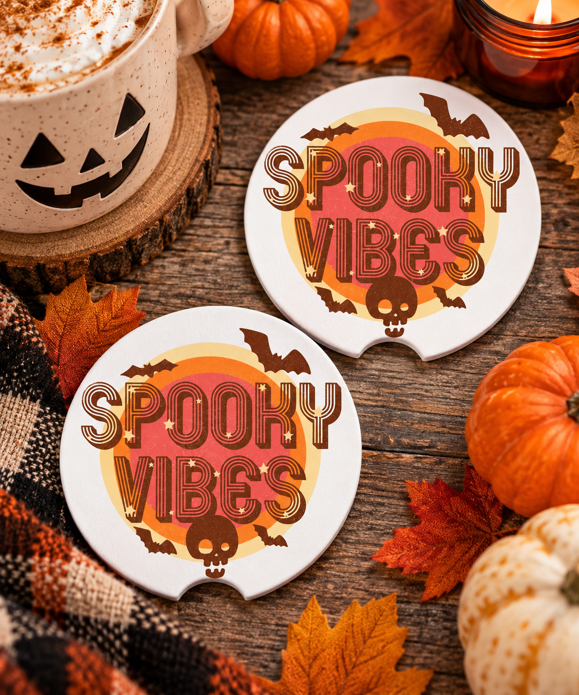 Spooky Vibes Car Coasters Set of 2, Neoprene Cup Holder Inserts, Retro Halloween Bats Skull Full Moon Auto Accessory Gift