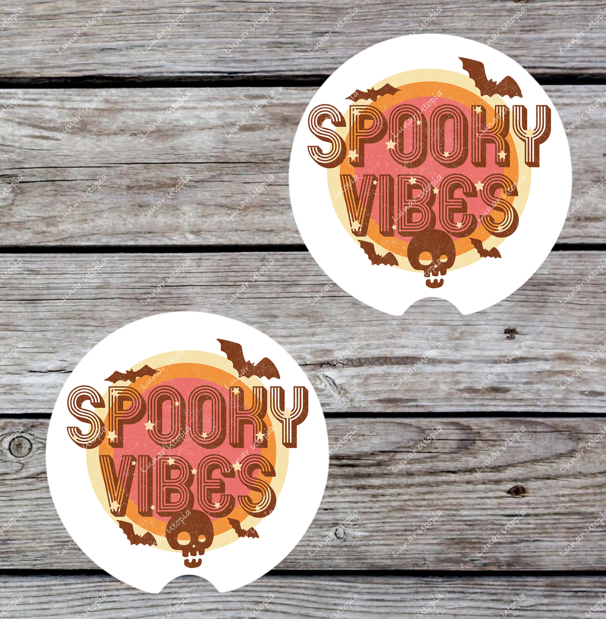 Spooky Vibes Car Coasters Set of 2, Neoprene Cup Holder Inserts, Retro Halloween Bats Skull Full Moon Auto Accessory Gift