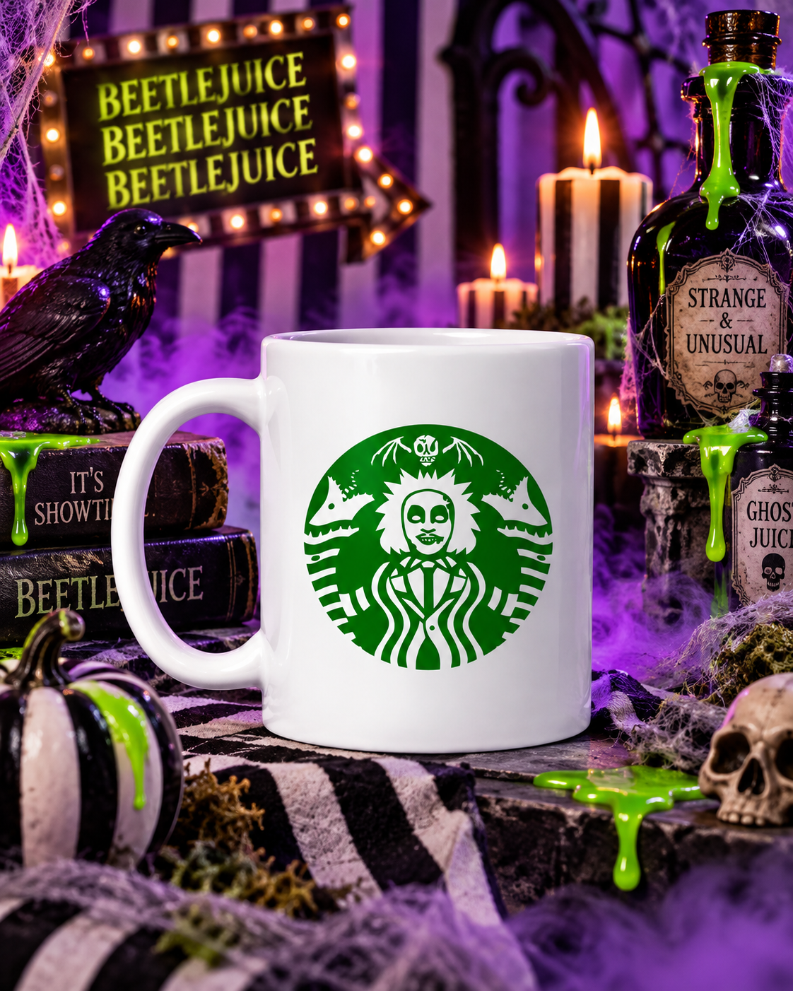 Starbeetle 11 oz Coffee Mug, Funny Beetlejuice Coffee Parody Fan Gift, Gothic Green Halloween Tea Cup