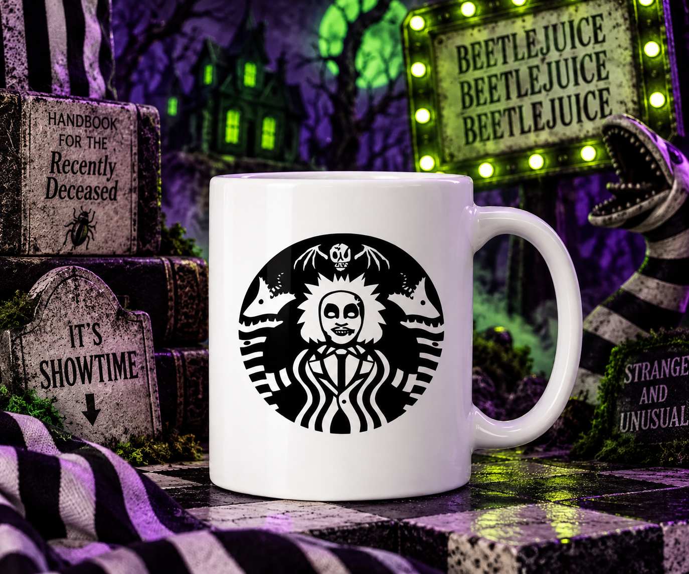Starbeetle Coffee Beetlejuice Black 11 oz Coffee Mug, Spooky Halloween Tea Cup, Horror Movie Fan Gift
