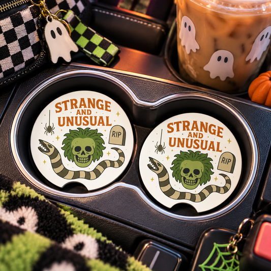 Strange and Unusual Car Coasters Set of 2, Neoprene Cup Holder Inserts, Spooky Gothic Halloween Lydia Quote Auto Accessory Gift