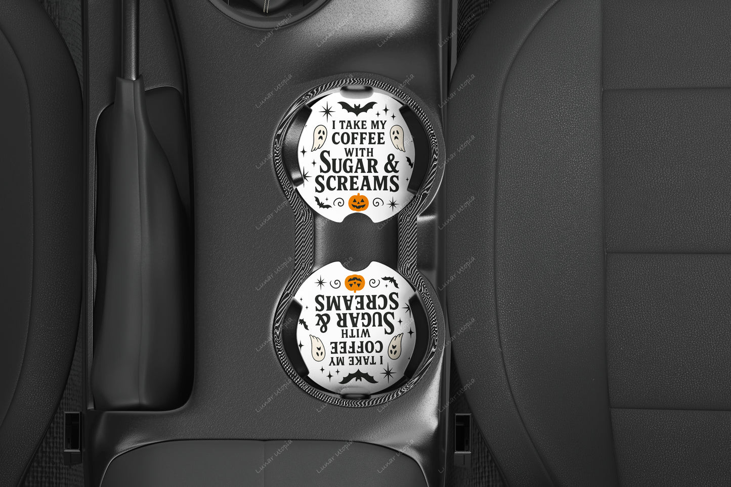Cute Neoprene Car Coasters, Absorbent Cup Holder Inserts, Fun Auto Accessories (Set of 2) Sugar & Screams