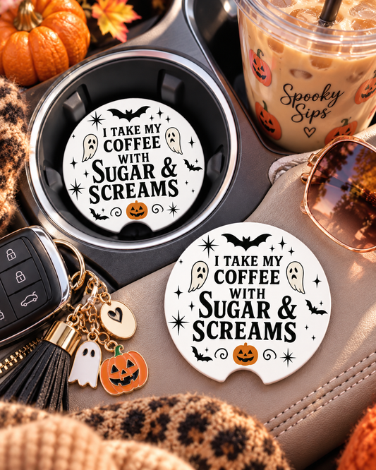 I Take My Coffee With Sugar and Screams Halloween Car Coasters Set of 2, Neoprene Cup Holder Inserts, Spooky Halloween Auto Accessory Gift