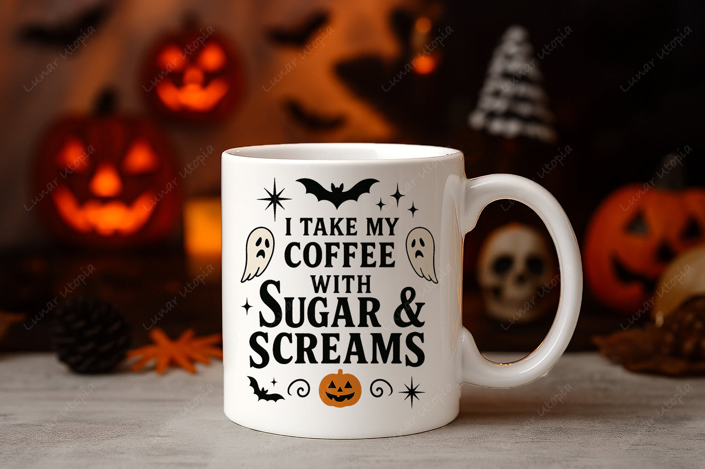 I Take My Coffee With Sugar and Screams Halloween, 11 oz Ceramic Coffee Mug, Novelty Tea Cup