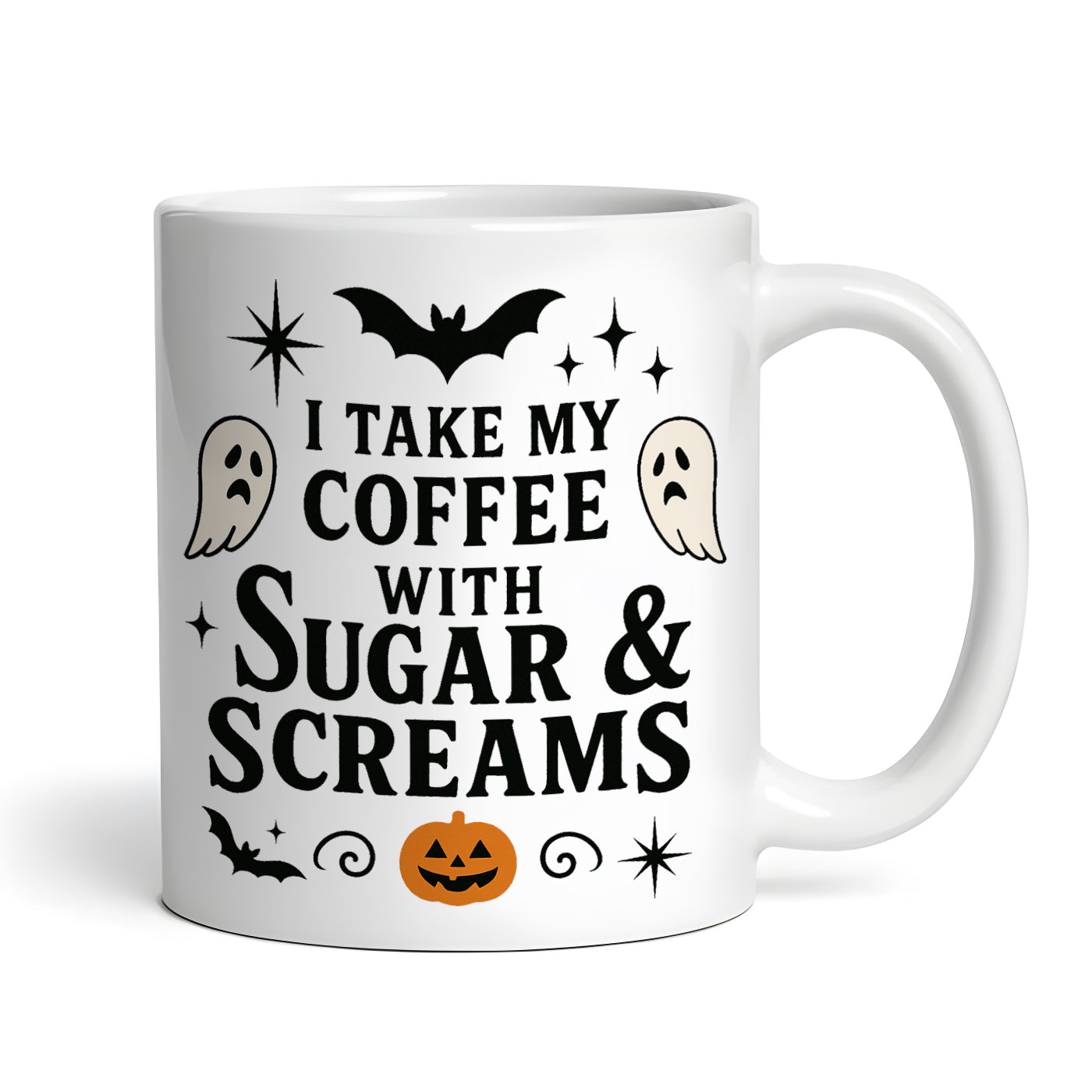 I Take My Coffee With Sugar and Screams Halloween, 11 oz Ceramic Coffee Mug, Novelty Tea Cup