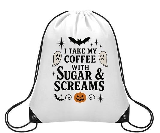 I Take My Coffee With Sugar and Screams Halloween Cinch Sack, Small Drawstring Backpack, Travel Bag