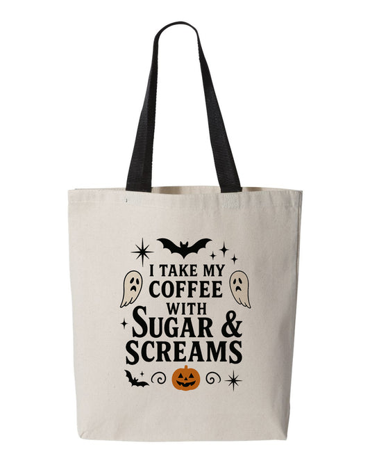 I Take My Coffee With Sugar and Screams Halloween Tote Bag, Canvas Bag, Reusable Grocery Bag