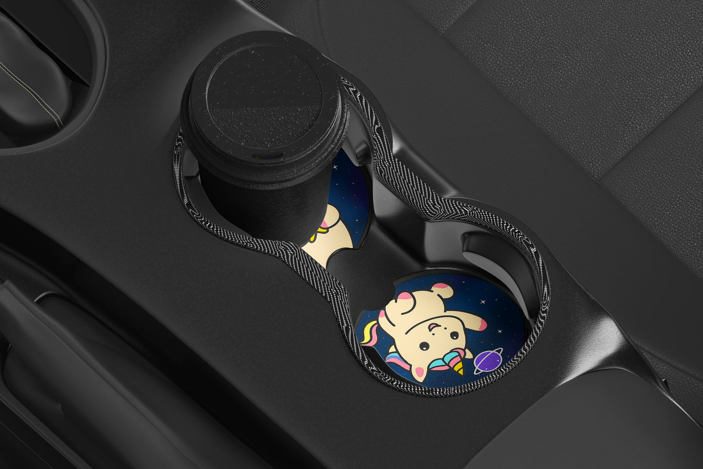 Cute Neoprene Car Coasters, Absorbent Cup Holder Inserts, Fun Auto Accessories (Set of 2) Galaxy Unicorns