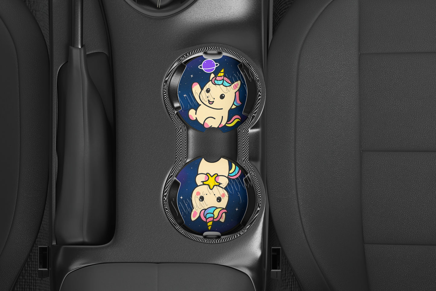 Cute Neoprene Car Coasters, Absorbent Cup Holder Inserts, Fun Auto Accessories (Set of 2) Galaxy Unicorns