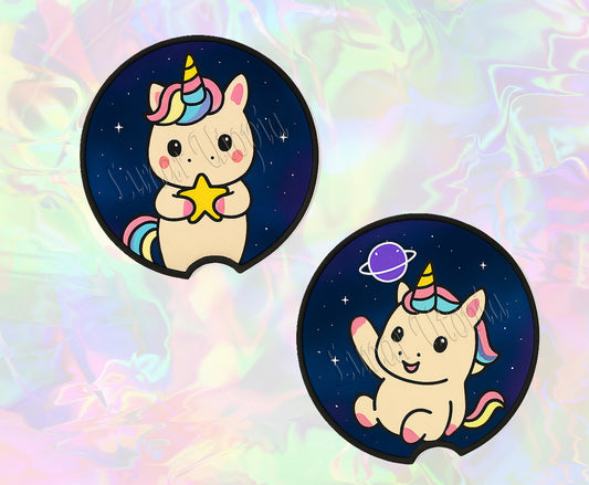 Cute Neoprene Car Coasters, Absorbent Cup Holder Inserts, Fun Auto Accessories (Set of 2) Galaxy Unicorns
