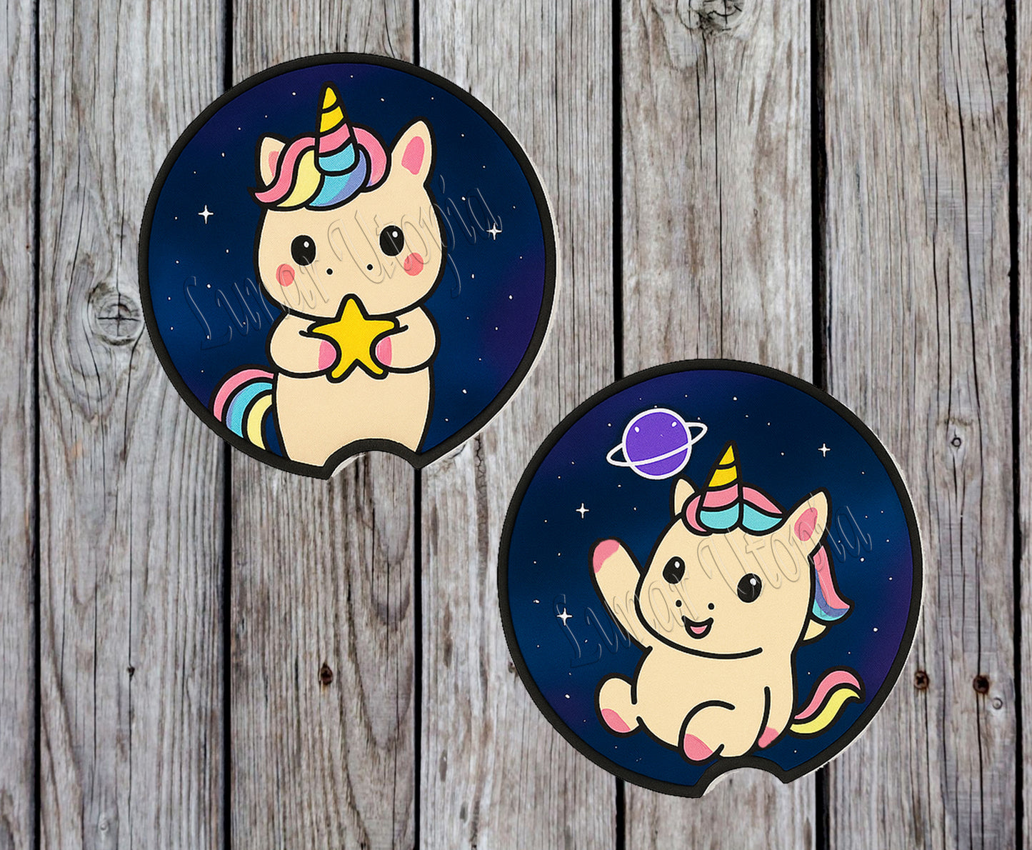 Cute Neoprene Car Coasters, Absorbent Cup Holder Inserts, Fun Auto Accessories (Set of 2) Galaxy Unicorns