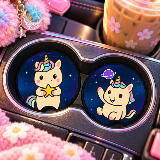 Galaxy Unicorns Car Coasters Set of 2, Neoprene Cup Holder Inserts, Cute Space Celestial Magical Auto Accessory Gift