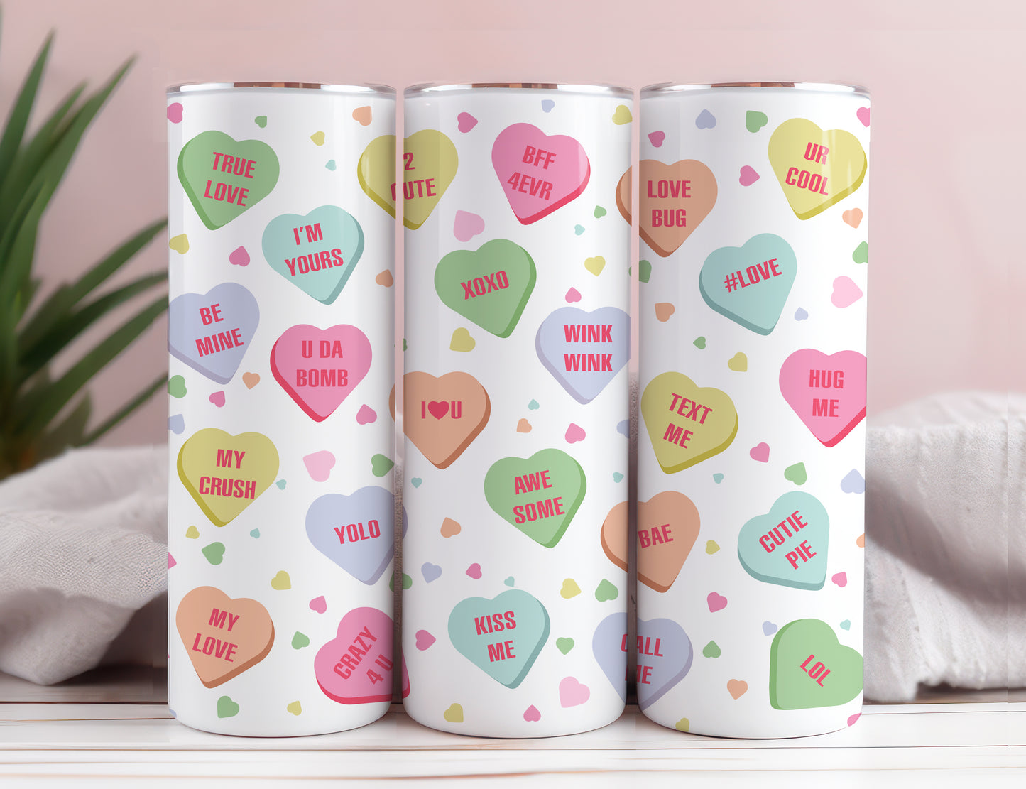 Valentine Conversation Candy Hearts Tumbler, Cute Cup With Lid And Straw 20 oz Skinny Tumbler