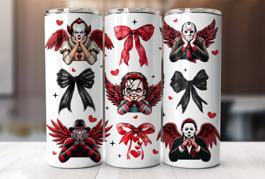 Horror Movie Killers Valentine Coquette, Valentine's Day Cute Cup With Lid And Straw 20 oz Skinny Tumbler