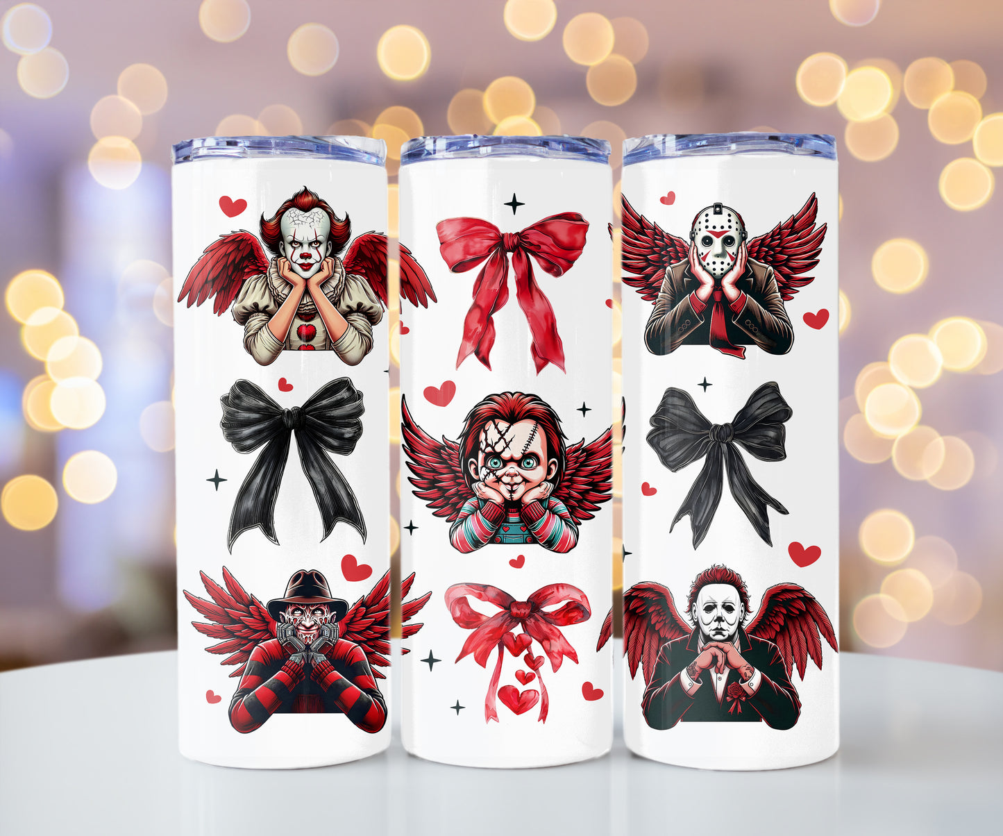 Horror Movie Killers Valentine Coquette, Valentine's Day Cute Cup With Lid And Straw 20 oz Skinny Tumbler