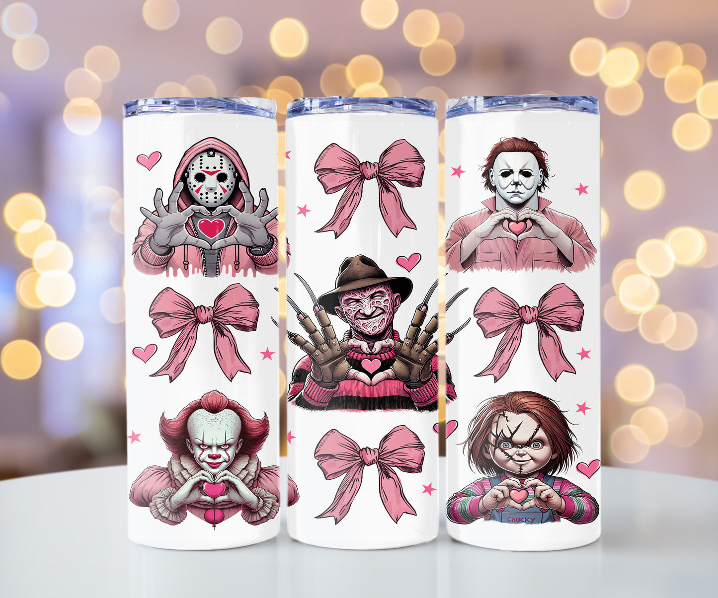 Horror Movie Killers Valentine Coquette with Pink Bows, Valentine's Day Cute Cup With Lid And Straw 20 oz Skinny Tumbler