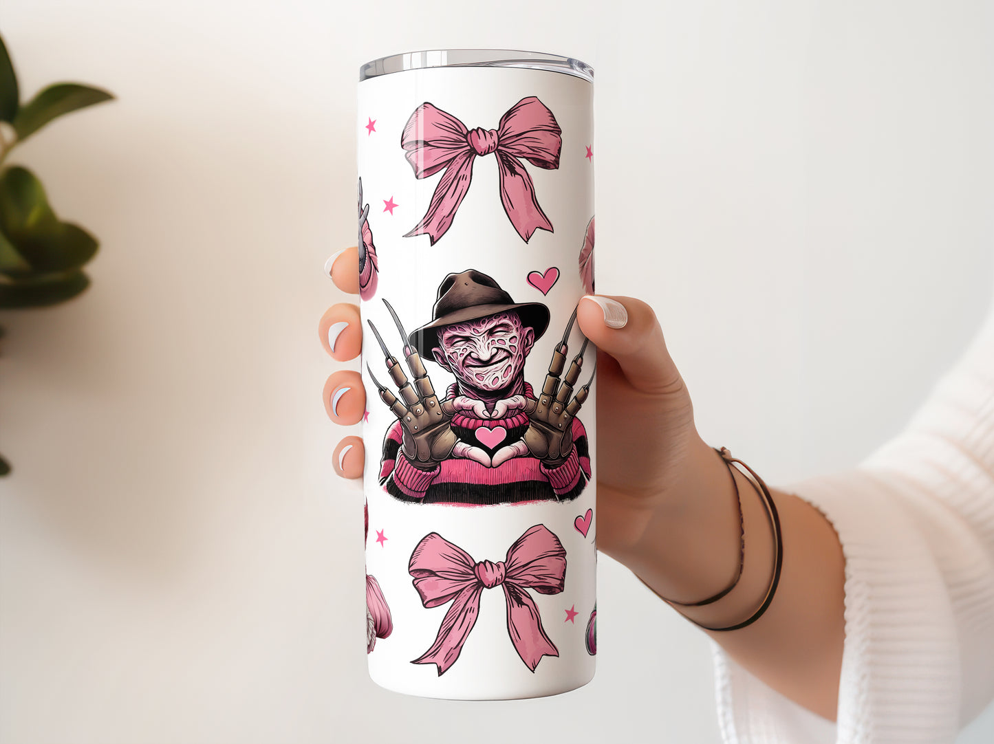 Horror Movie Killers Valentine Coquette with Pink Bows, Valentine's Day Cute Cup With Lid And Straw 20 oz Skinny Tumbler