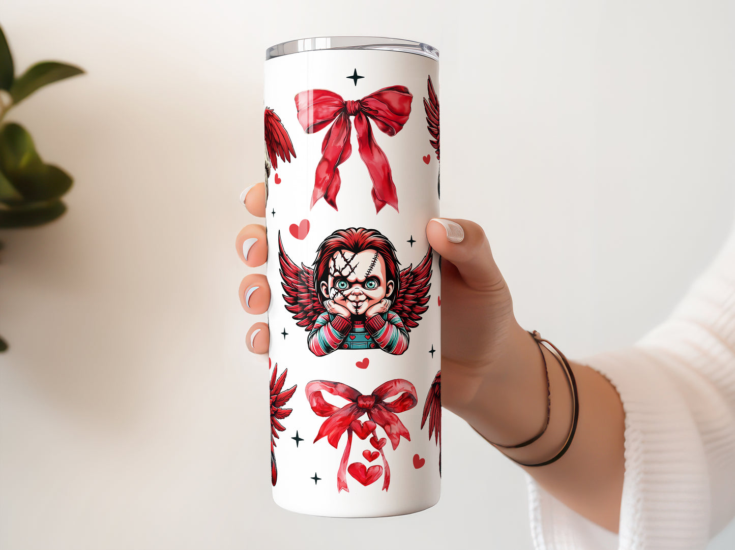 Horror Movie Killers Valentine Coquette, Valentine's Day Cute Cup With Lid And Straw 20 oz Skinny Tumbler