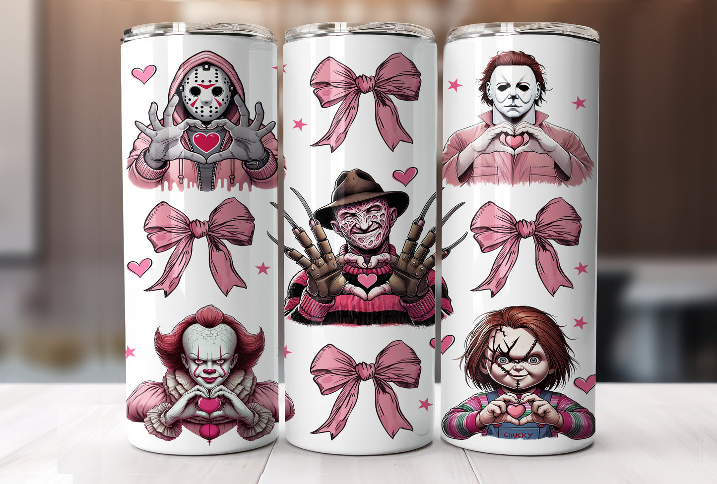Horror Movie Killers Valentine Coquette with Pink Bows, Valentine's Day Cute Cup With Lid And Straw 20 oz Skinny Tumbler