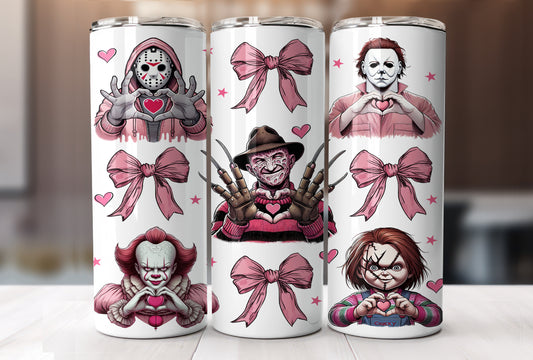 Horror Movie Killers Valentine Coquette with Pink Bows, Valentine's Day Cute Cup With Lid And Straw 20 oz Skinny Tumbler