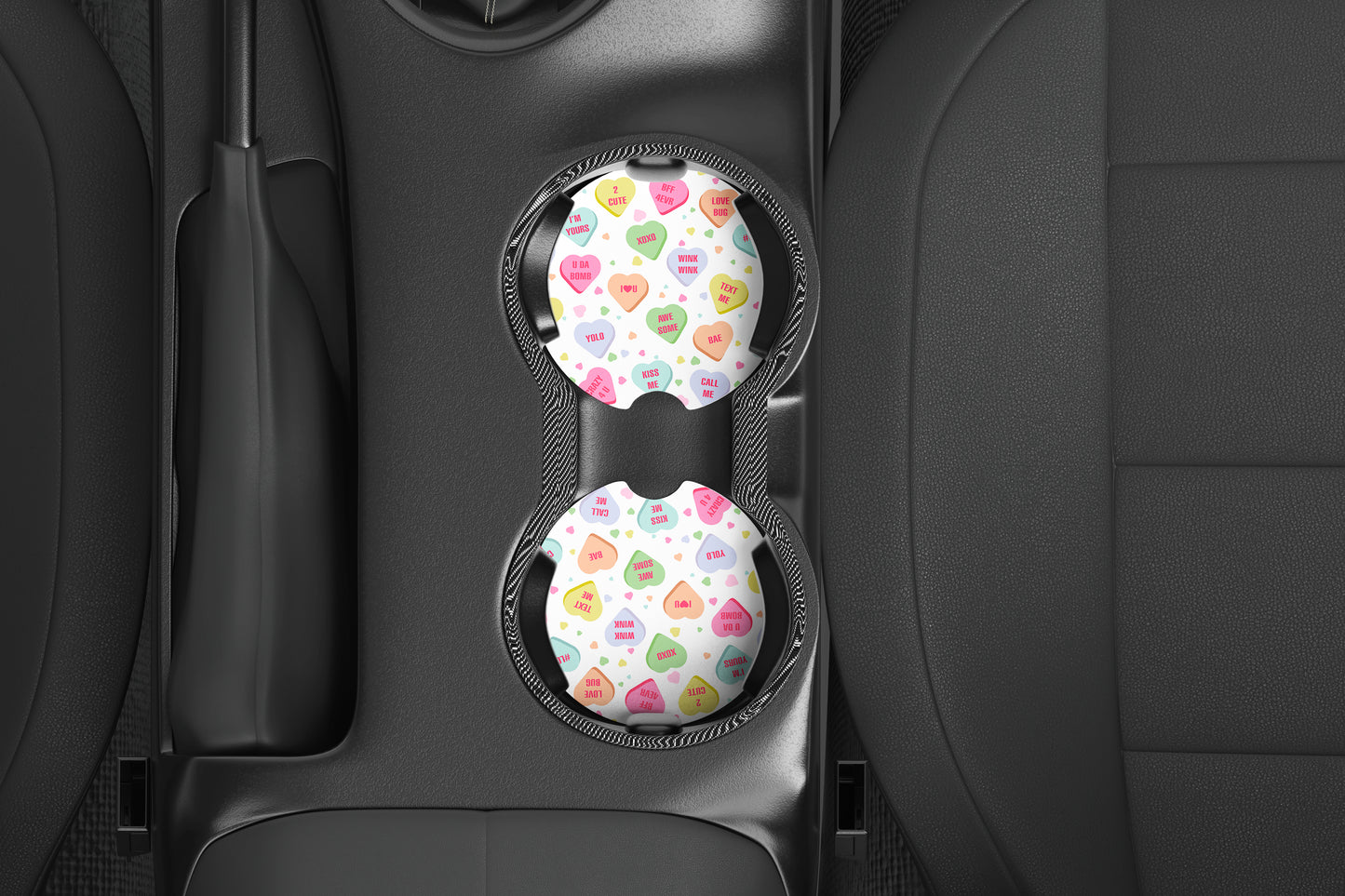 Valentine Conversation Hearts Car Coasters Set of 2, Neoprene Cup Holder Inserts, Pastel Candy Heart All-Over Pattern Auto Accessory Gift