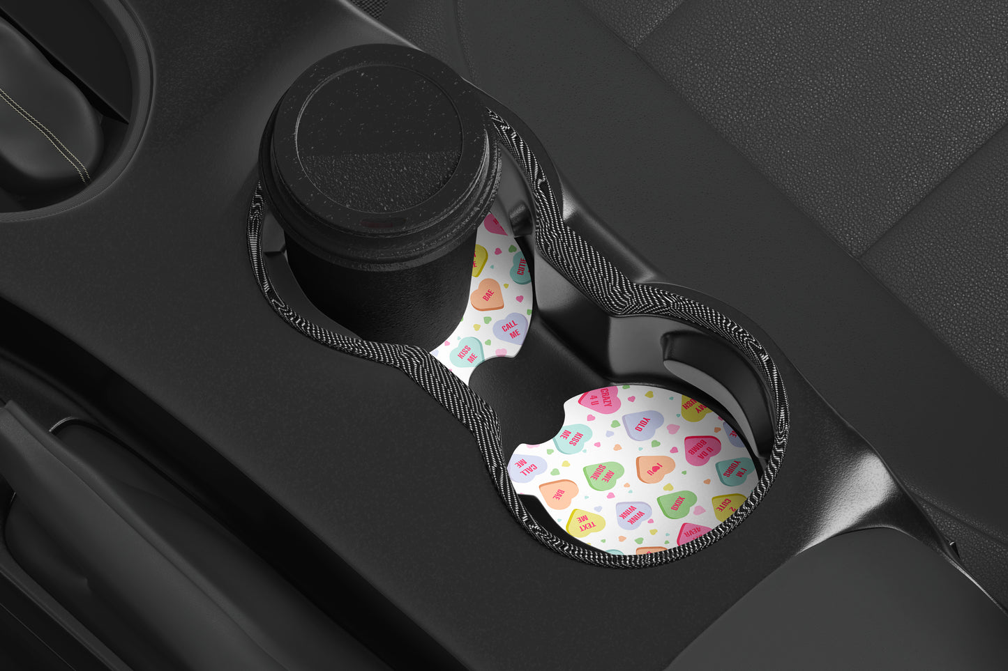 Valentine Conversation Hearts Car Coasters Set of 2, Neoprene Cup Holder Inserts, Pastel Candy Heart All-Over Pattern Auto Accessory Gift