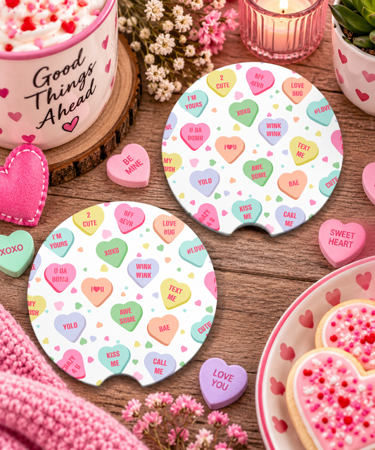 Valentine Conversation Hearts Car Coasters Set of 2, Neoprene Cup Holder Inserts, Pastel Candy Heart All-Over Pattern Auto Accessory Gift