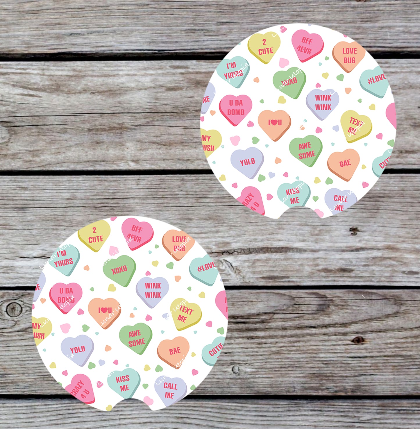 Valentine Conversation Hearts neoprene car coasters set of 2 with pastel candy hearts all-over pattern on white background