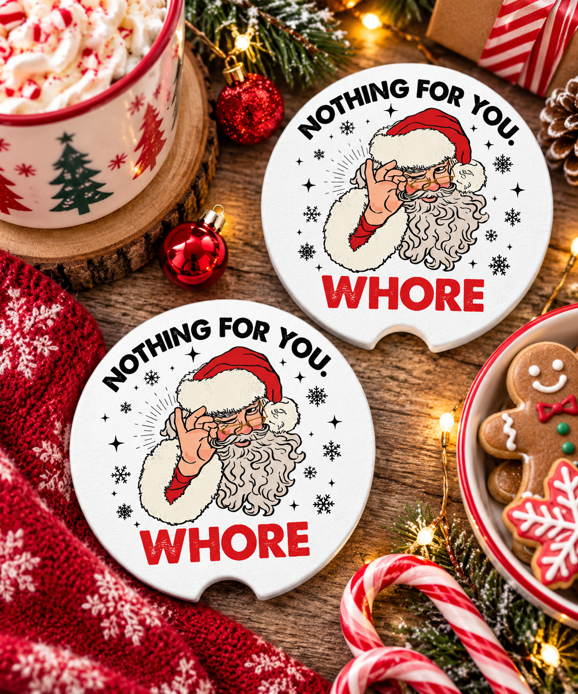 Nothing For You Whore Santa Car Coasters Set of 2, Neoprene Cup Holder Inserts, Funny Naughty List Christmas Auto Accessory Gift