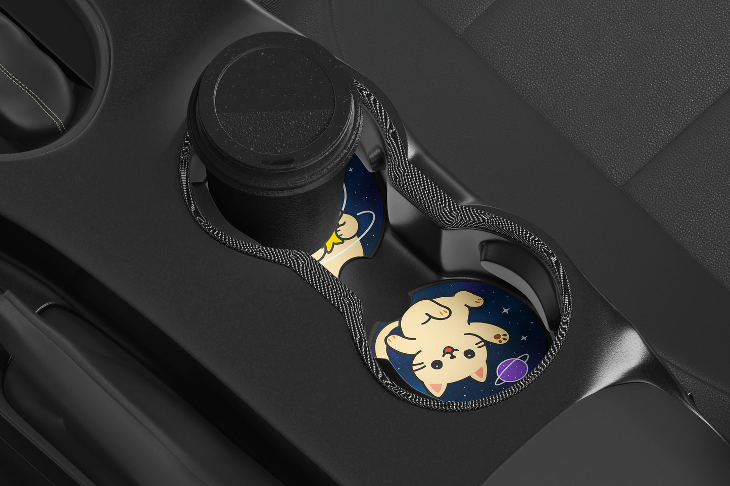 Cute Neoprene Car Coasters, Absorbent Cup Holder Inserts, Fun Auto Accessories (Set of 2) Galaxy Cats