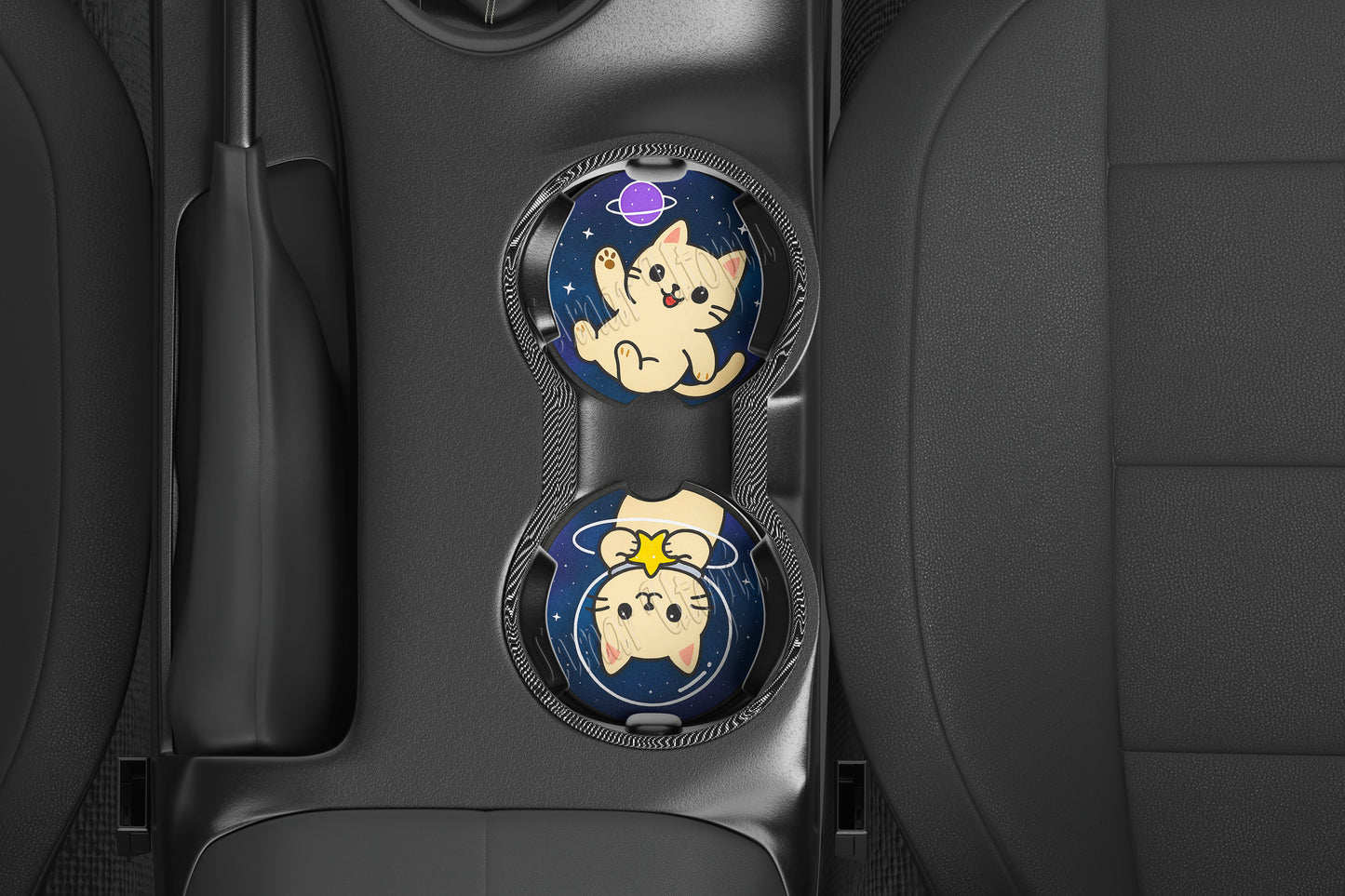 Cute Neoprene Car Coasters, Absorbent Cup Holder Inserts, Fun Auto Accessories (Set of 2) Galaxy Cats