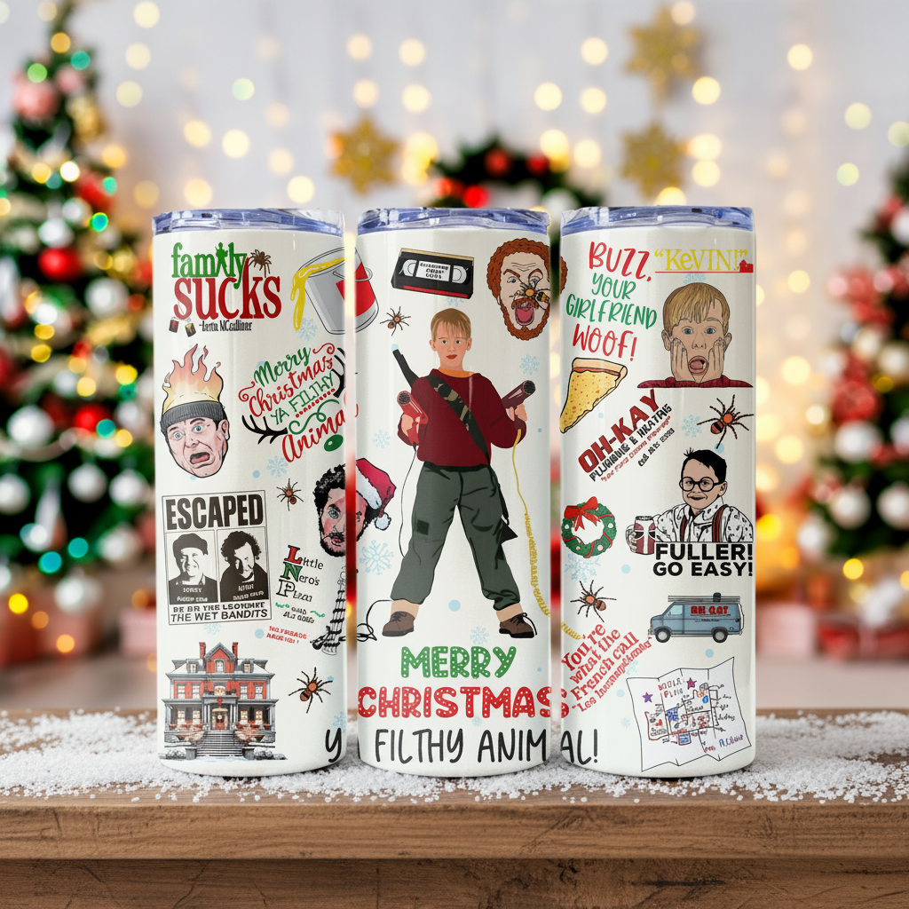 Home Alone Christmas tumbler on a glowing holiday mantelpiece
