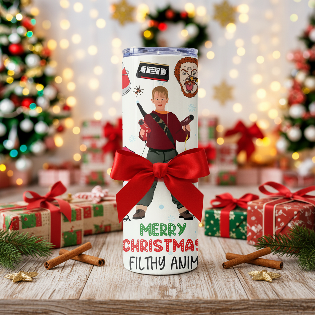 Home Alone Christmas tumbler wrapped with ribbon surrounded by holiday gifts