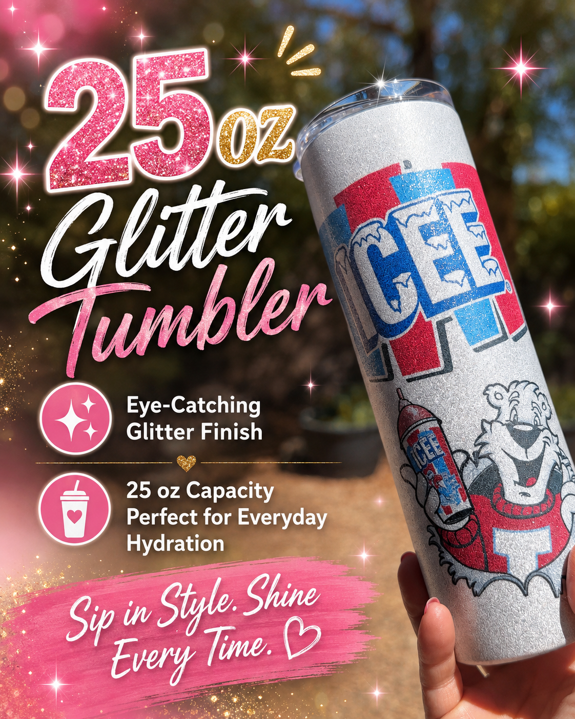 ICEE Retro Throwback Polar Bear Stainless Steel Skinny Tumbler, Glitter Option