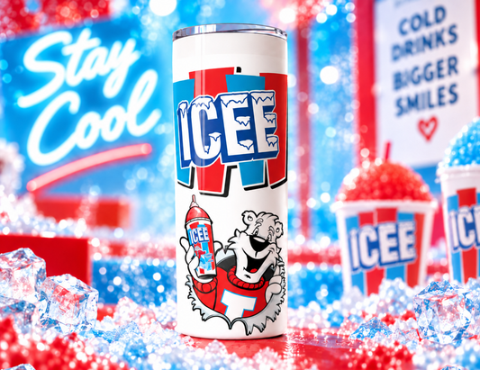 ICEE Retro Throwback Polar Bear 20 oz Skinny Tumbler, Nostalgic 80s 90s Slushie Fan Gift, Bold Red Blue Cup with Lid and Straw